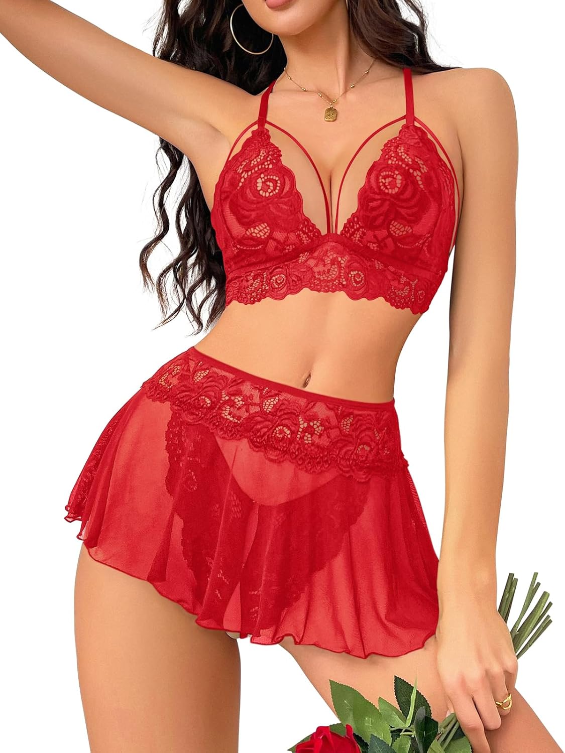 CharmLace 3 - Piece Lace Skirt Lingerie Set - Vixen | Nova Network