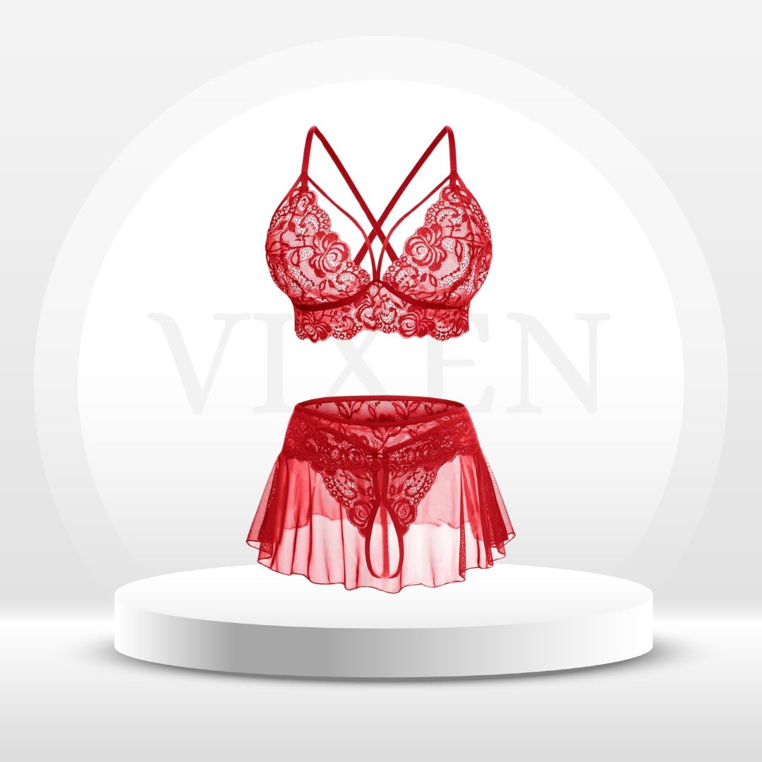 CharmLace 3 - Piece Lace Skirt Lingerie Set - Vixen | Nova Network