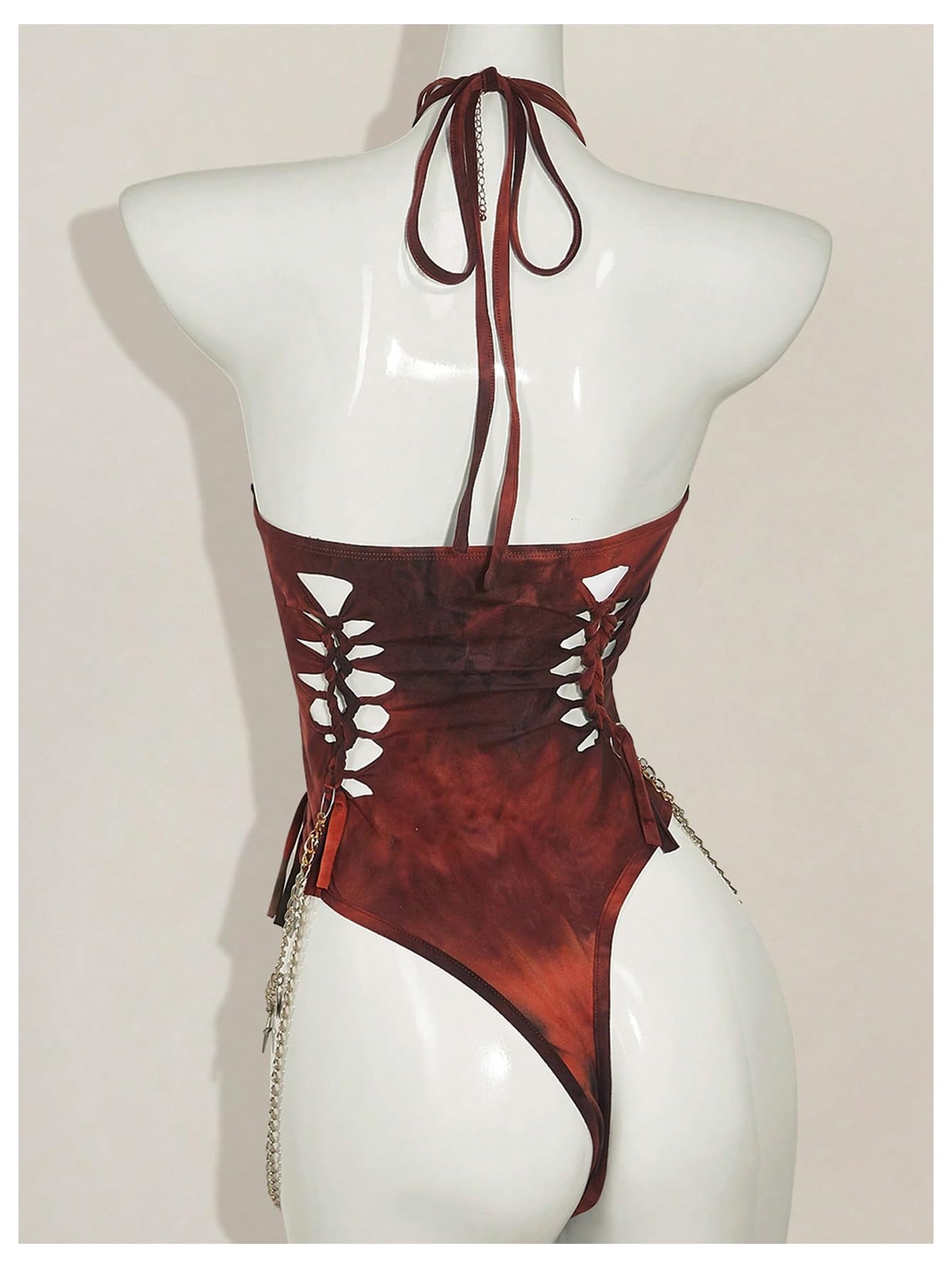 Floerns Women's Gothic Cut Out Lace Up Bodysuit Going Out Halter Neck Rave Body Suits Rust Brown Large - Vixen | Nova Network