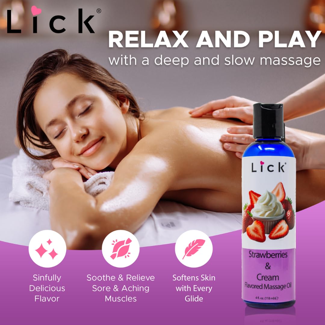 Lick Strawberries and Cream Flavored Massage Oil – Romantic, Body Safe, Non - Greasy Formula, Date Night 4 oz - Vixen | Nova Network
