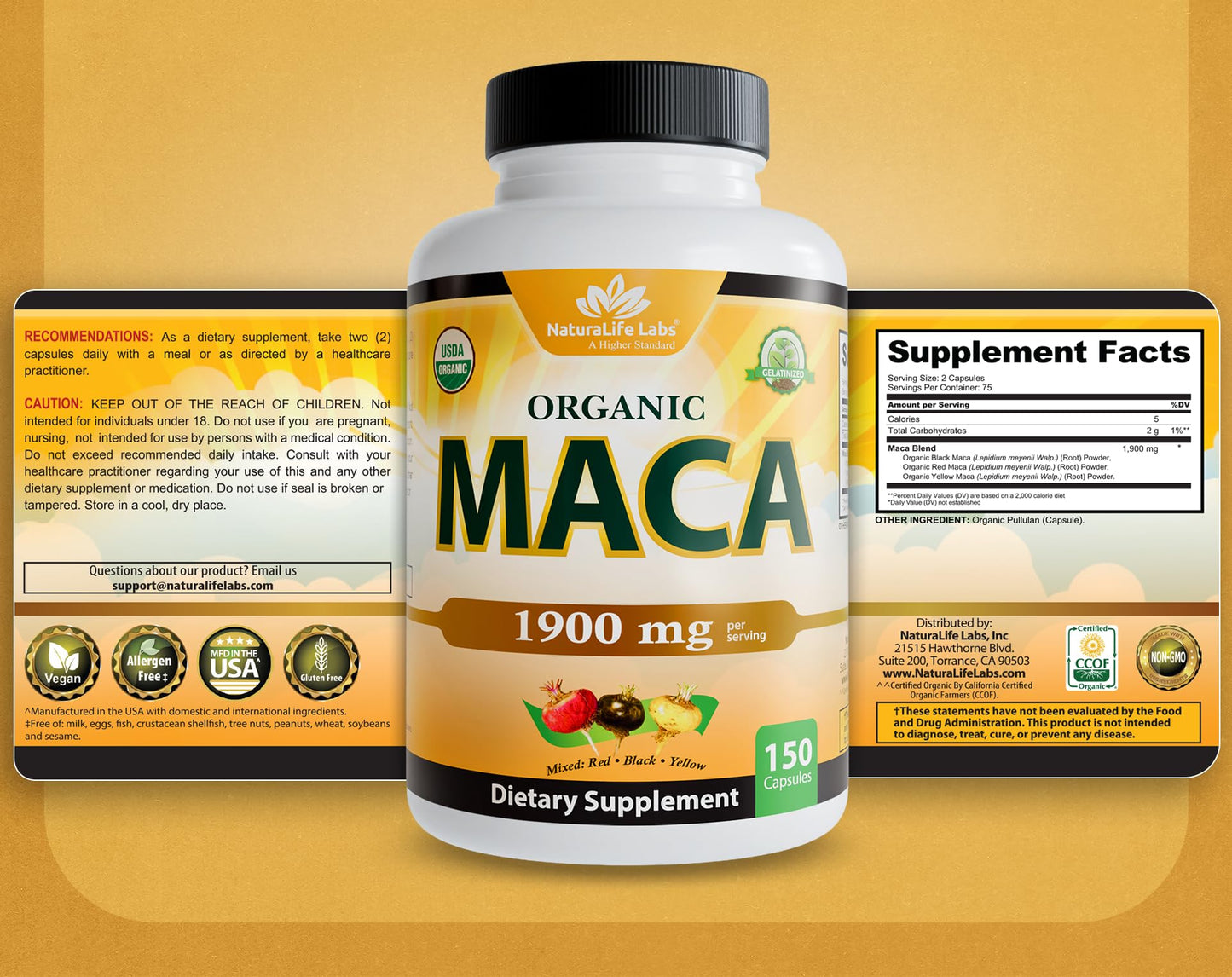 NaturaLife Labs Organic Maca Root – Black, Red & Yellow – 1900 mg per Serving – 150 Capsules – Gelatinized Peruvian Maca – Non-GMO, Gluten-Free, Vegan - Vixen Adult Playroom