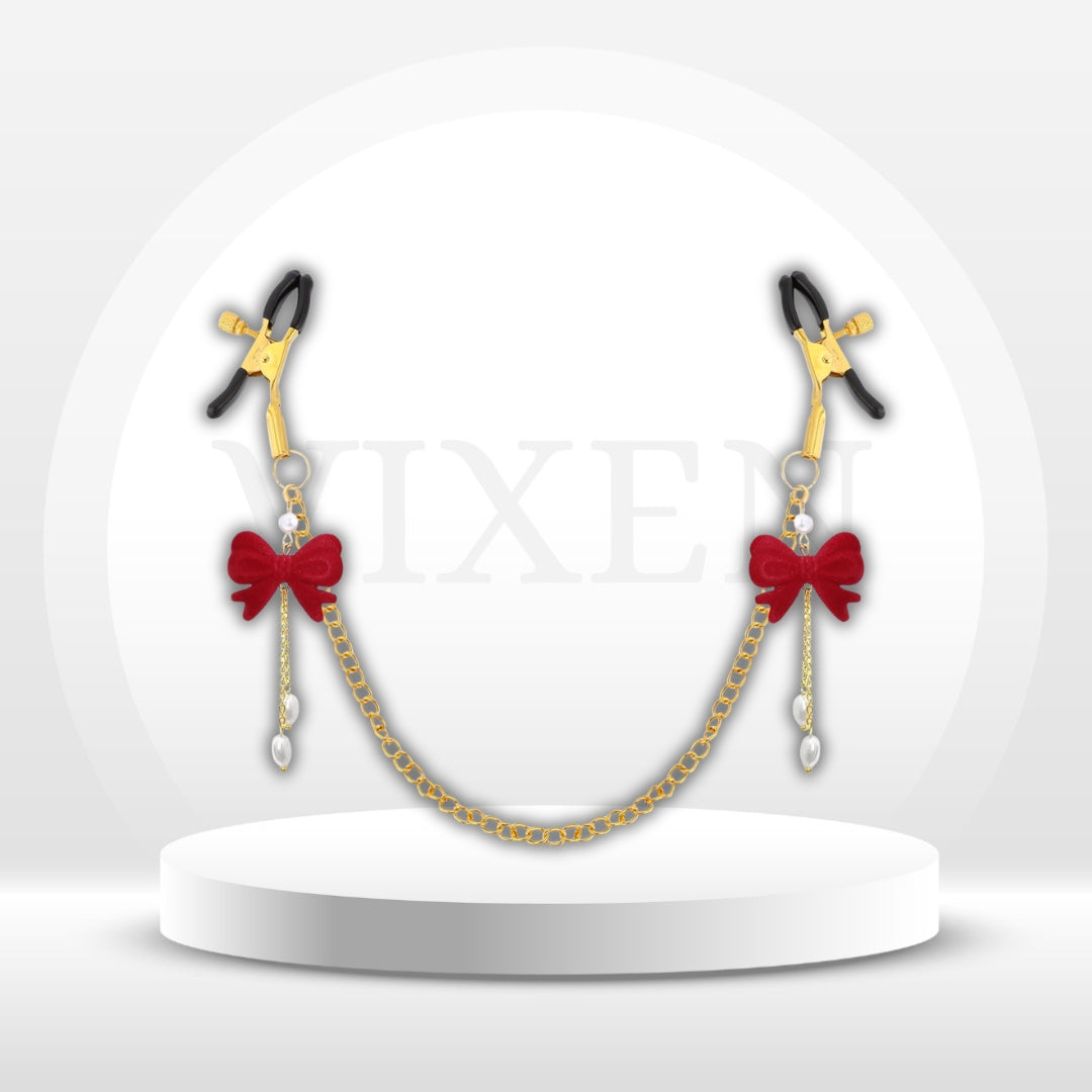 RibbonGrace Red Bow Nipple Clamps with Gold Chain – Non-Piercing