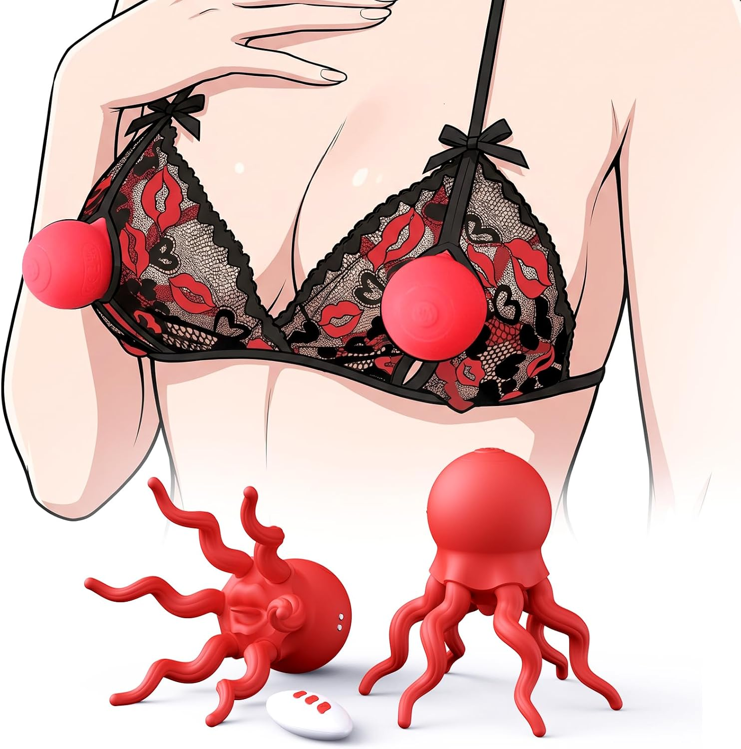 VelvetCoil Octopus Wearable Nipple Vibrators – Remote, 7 Modes
