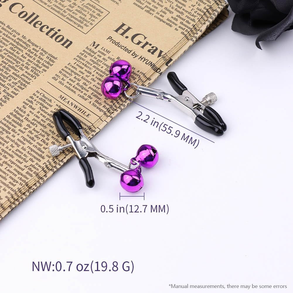 BellCharm Adjustable Metal Nipple Clamps – Purple Bells, Non-Piercing