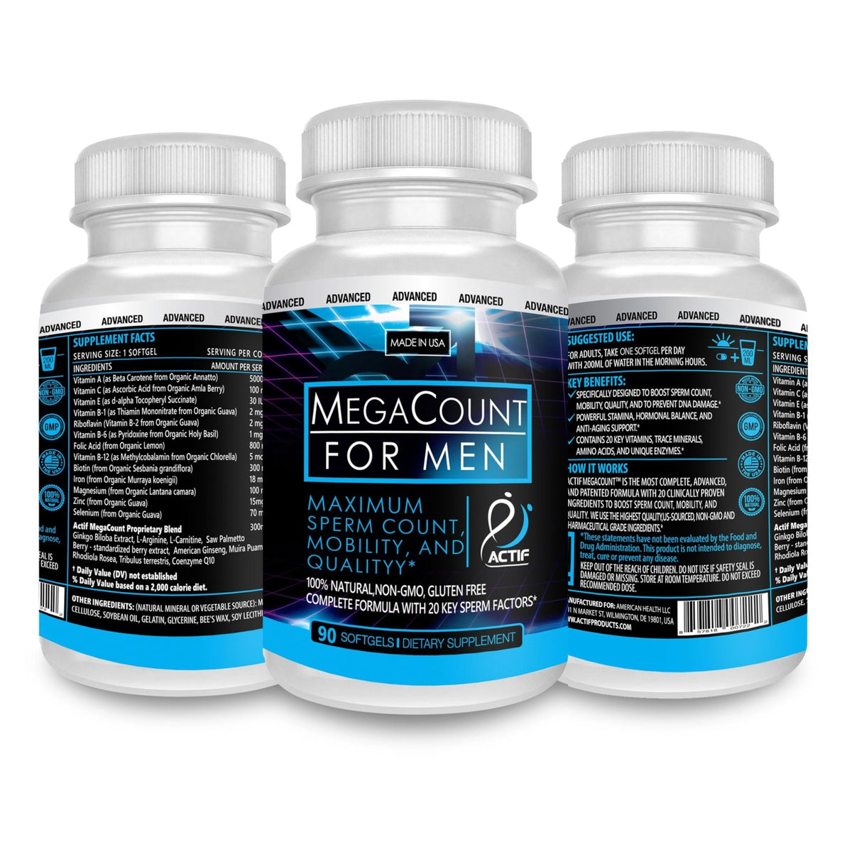 ACTIF MegaCount for Men - Maximum Fertility Support and Sperm Count Booster, Clinically Proven to Improve Sperm Count and Motility - Non-GMO, Made in USA, 90 Count - Vixen Adult Playroom