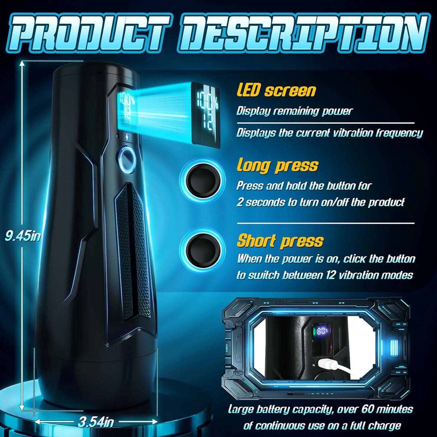 NoirPulse Vibrating Male Stroker Fleshlight with 12 Modes