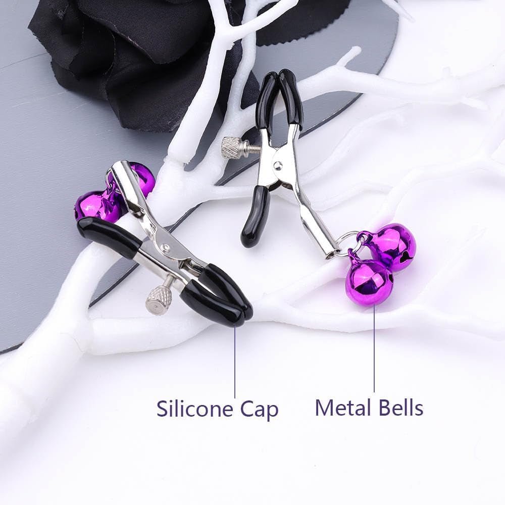 BellCharm Adjustable Metal Nipple Clamps – Purple Bells, Non-Piercing - Vixen Adult Playroom
