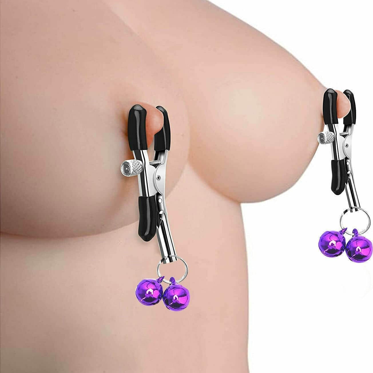 BellCharm Adjustable Metal Nipple Clamps – Purple Bells, Non-Piercing - Vixen Adult Playroom