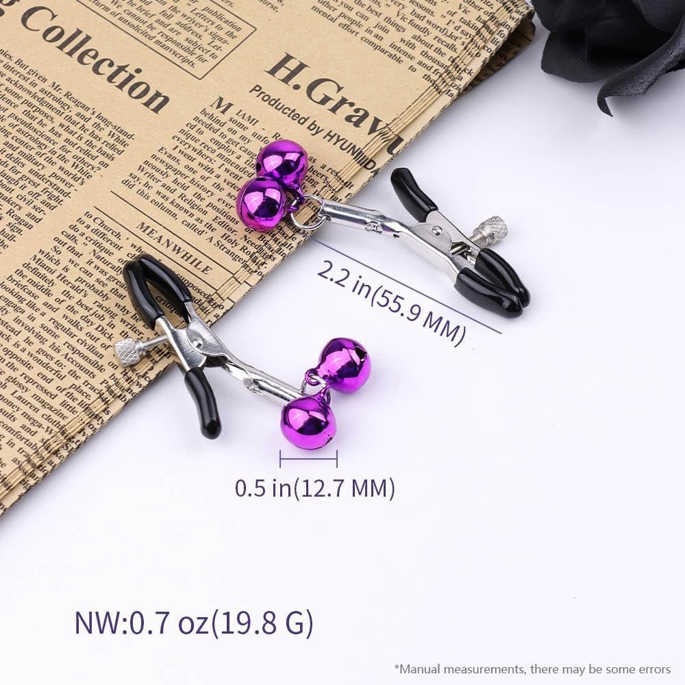 BellCharm Adjustable Metal Nipple Clamps – Purple Bells, Non-Piercing - Vixen Adult Playroom