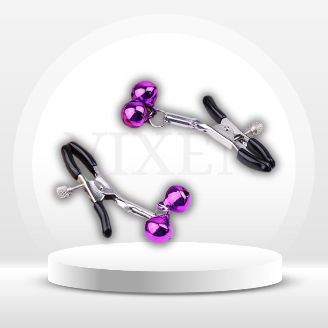 BellCharm Adjustable Metal Nipple Clamps – Purple Bells, Non-Piercing - Vixen Adult Playroom