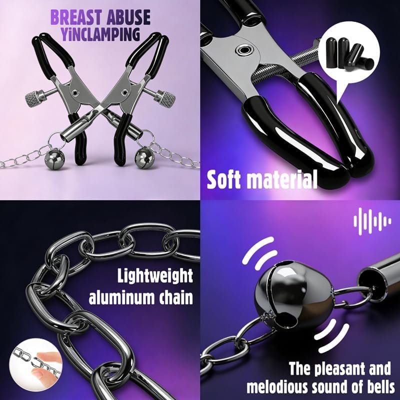 CustomLink Adjustable BDSM Nipple Clamps with Chain & Rubber Sleeves - Vixen Adult Playroom