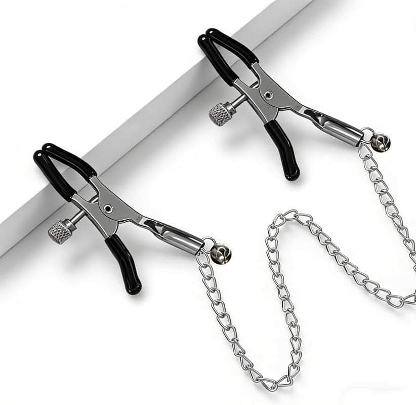 CustomLink Adjustable BDSM Nipple Clamps with Chain & Rubber Sleeves - Vixen Adult Playroom