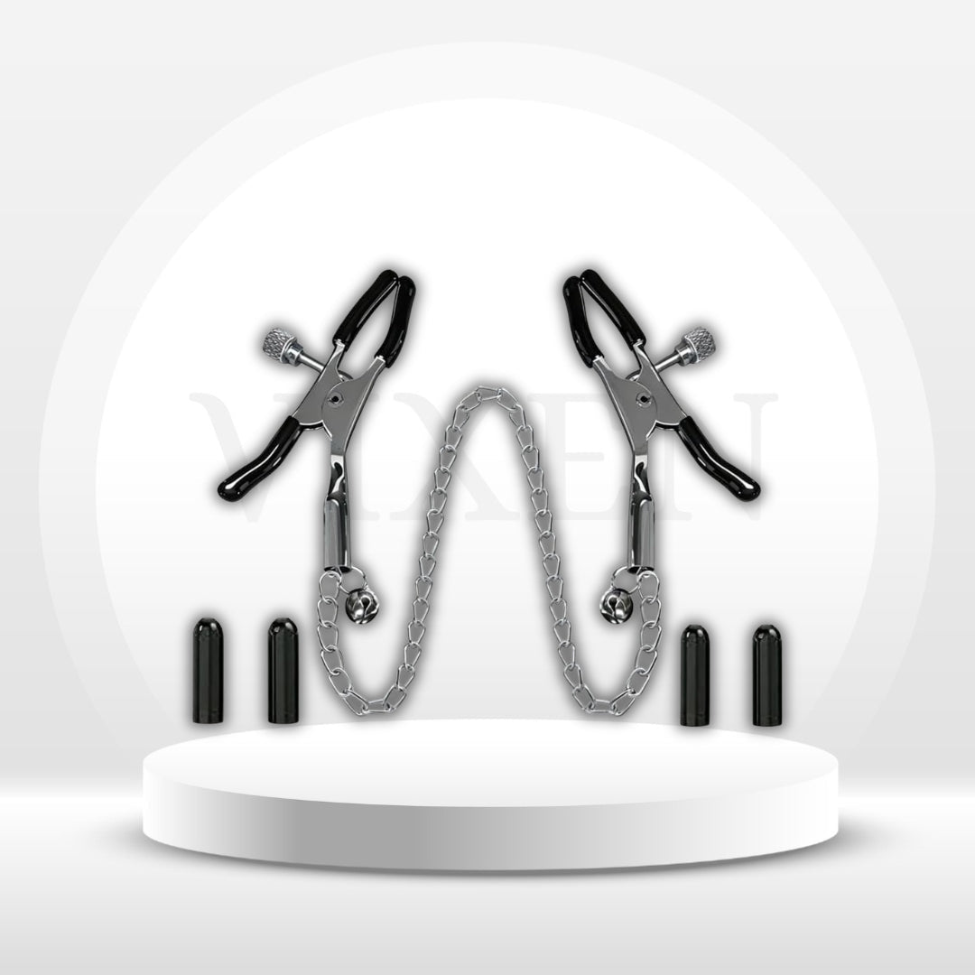 CustomLink Adjustable BDSM Nipple Clamps with Chain & Rubber Sleeves - Vixen Adult Playroom