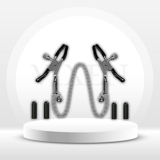 CustomLink Adjustable BDSM Nipple Clamps with Chain & Rubber Sleeves - Vixen Adult Playroom