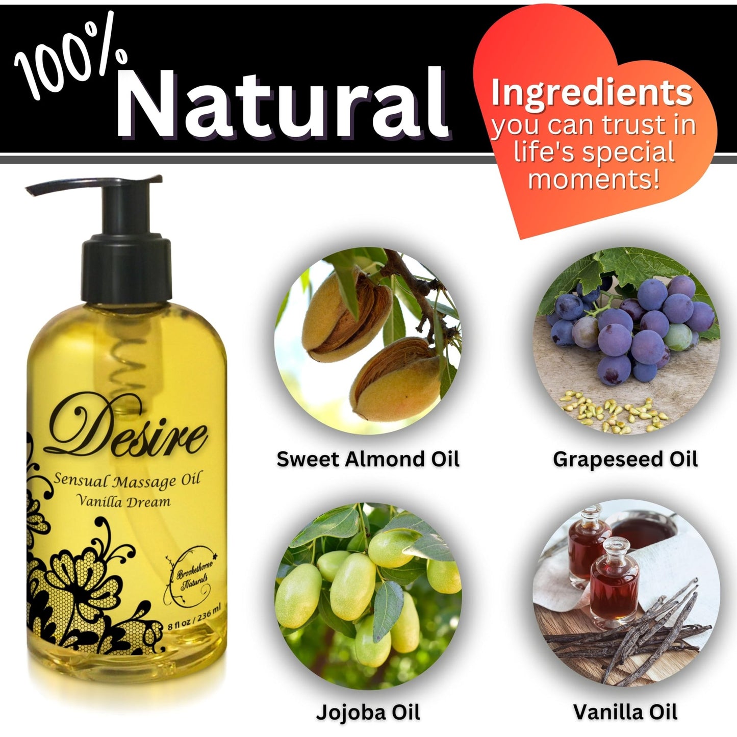 Desire Sensual Massage Oil for Date Night | Best Massage Oil for Couples | Valentines Day Gifts for her | All Natural with Sweet Almond, Grapeseed & Jojoba for Smooth Glide 8oz - Vixen | Nova Network