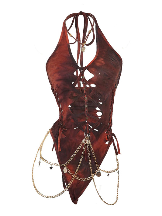 Floerns Women's Gothic Cut Out Lace Up Bodysuit Going Out Halter Neck Rave Body Suits Rust Brown Large - Vixen | Nova Network