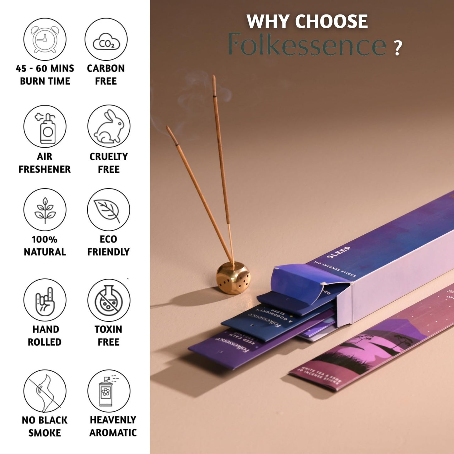 Folkulture Incense Sticks (120 Sticks) | Set of 6 Premium, Deep Sleep, Calm Incense - Night Relaxation | No Charcoal, Organic, Non Toxic, 45 Mins Burning Lavender, Rosemary Insence - Sticks Aromatherapy - Vixen | Nova Network