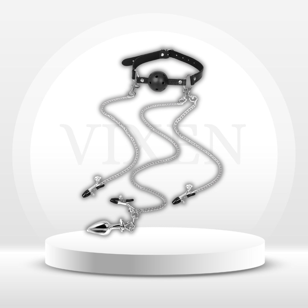 FullSurrender BDSM Bondage Set – Ball Gag, Nipple Clamps & Plug - Vixen Adult Playroom