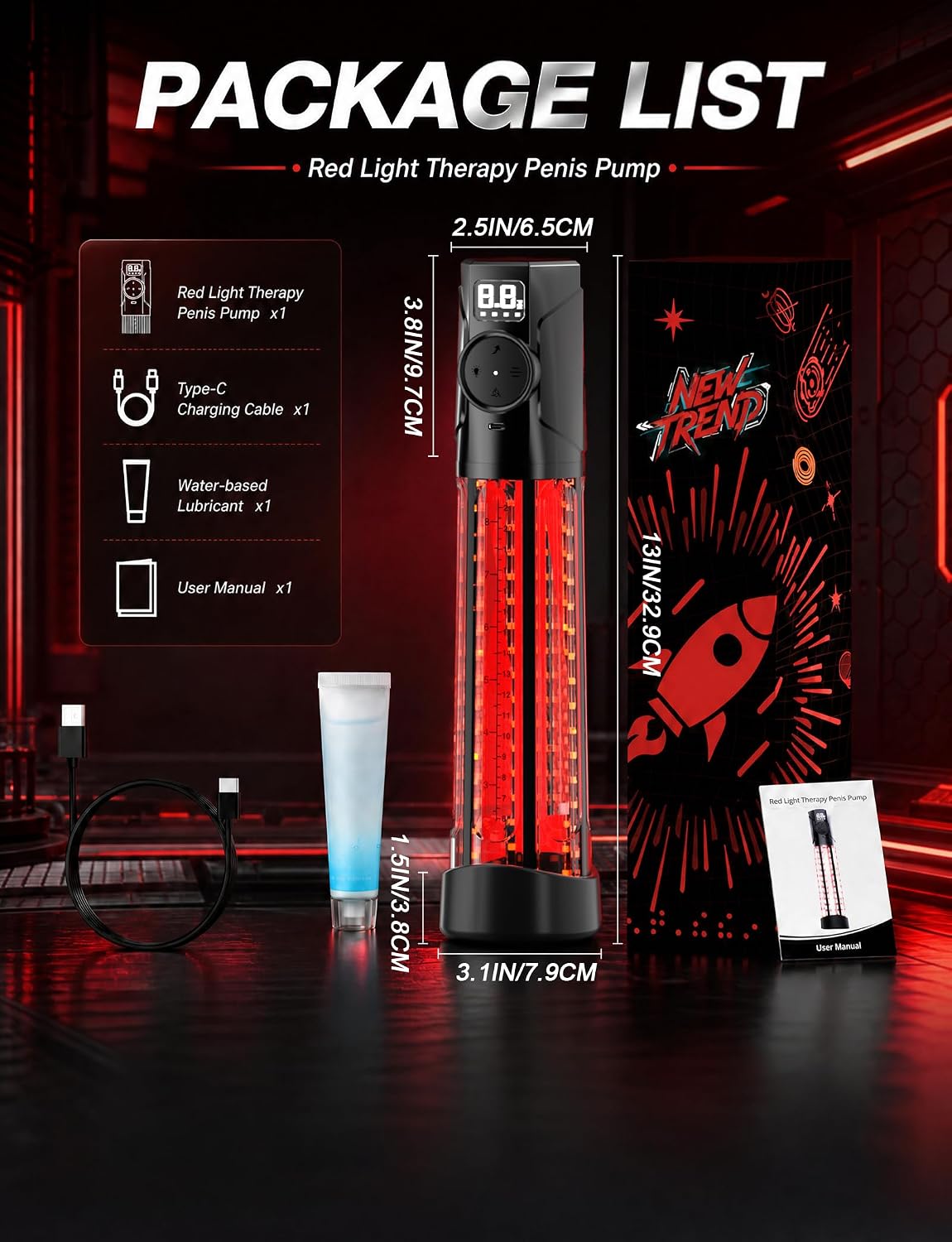 LumenRed Penis Pump | 72 LED Red Light + Digital Display - Vixen Adult Playroom