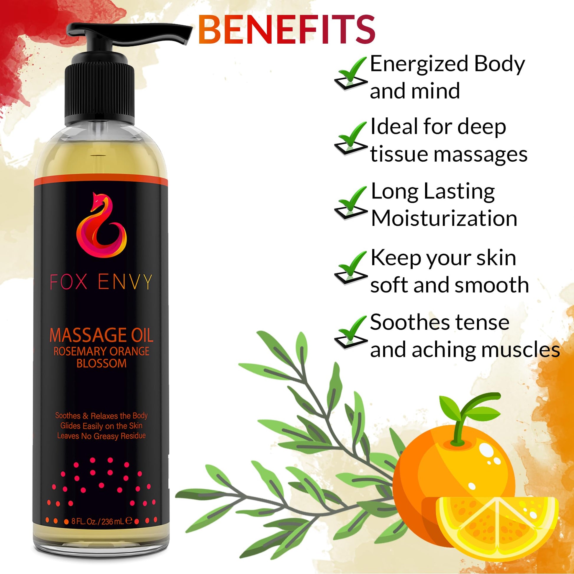 Massage Oil for Couples, Women & Men (1 Bottle, 8 fl oz) - Fox Envy Orange Blossom with Rosemary Scented Sensual Oil with Coconut Oil & Jojoba Oil - Enhances Stimulation for The Body & Muscles - Vixen | Nova Network