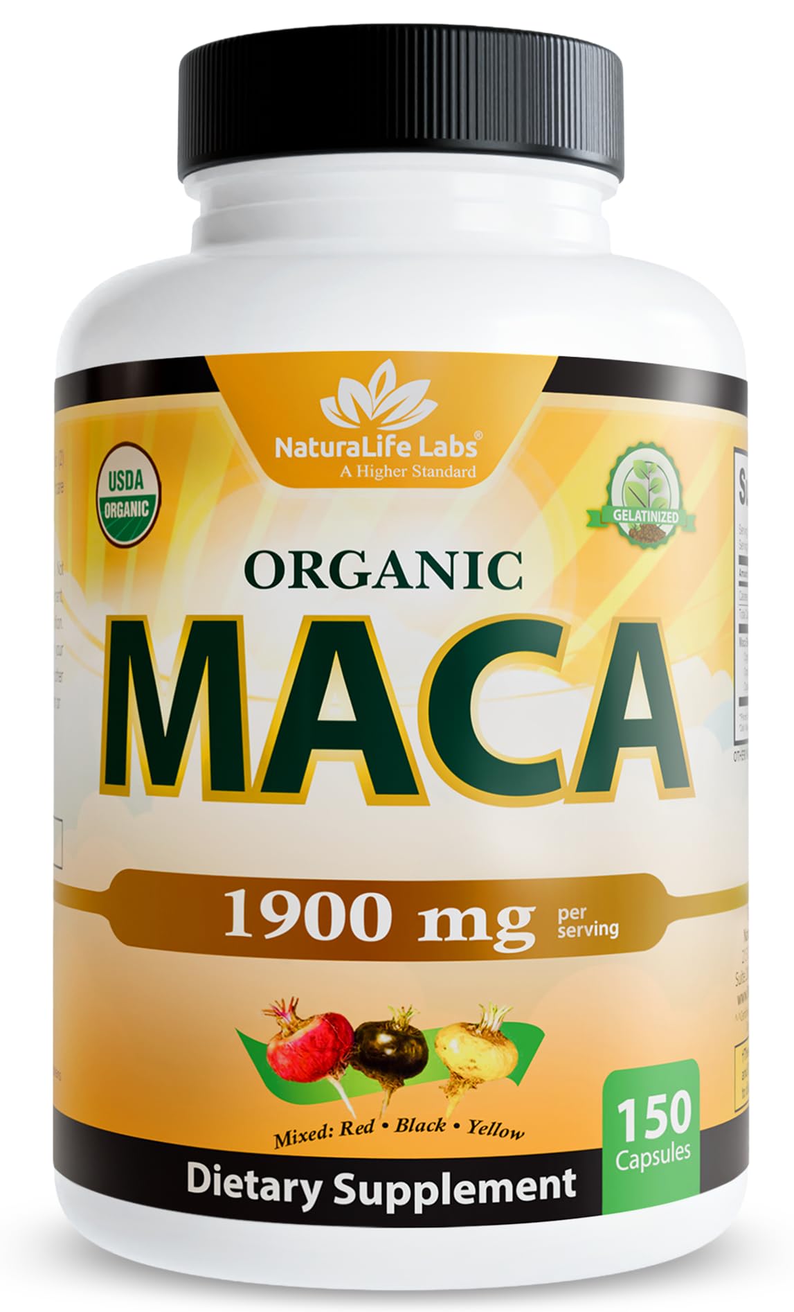 NaturaLife Labs Organic Maca Root – Black, Red & Yellow – 1900 mg per Serving – 150 Capsules – Gelatinized Peruvian Maca – Non-GMO, Gluten-Free, Vegan - Vixen Adult Playroom