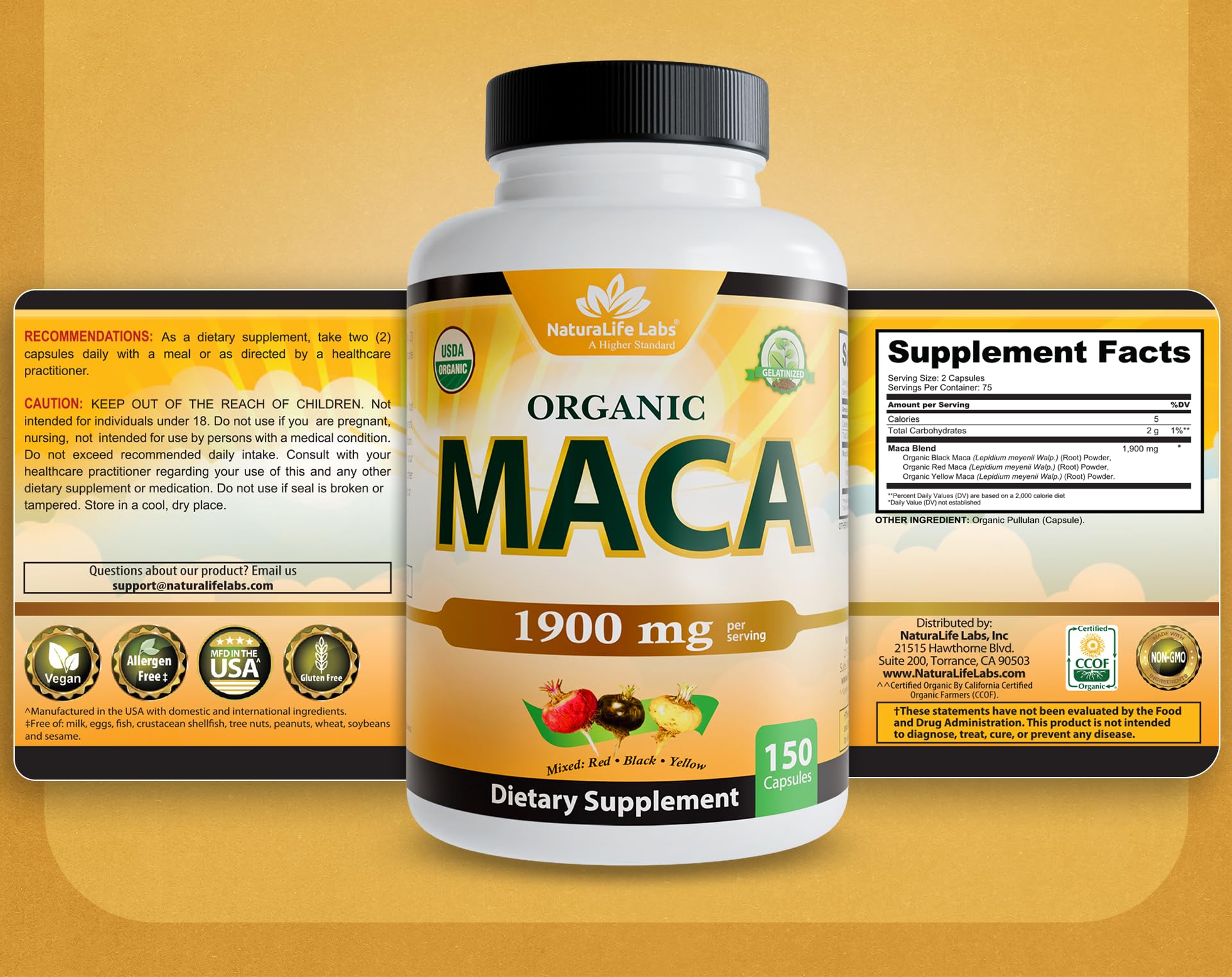 NaturaLife Labs Organic Maca Root – Black, Red & Yellow – 1900 mg per Serving – 150 Capsules – Gelatinized Peruvian Maca – Non-GMO, Gluten-Free, Vegan - Vixen Adult Playroom