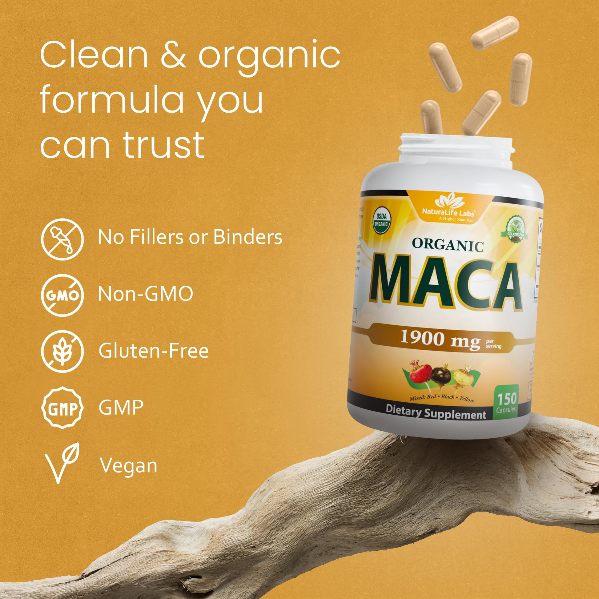 NaturaLife Labs Organic Maca Root – Black, Red & Yellow – 1900 mg per Serving – 150 Capsules – Gelatinized Peruvian Maca – Non-GMO, Gluten-Free, Vegan - Vixen Adult Playroom