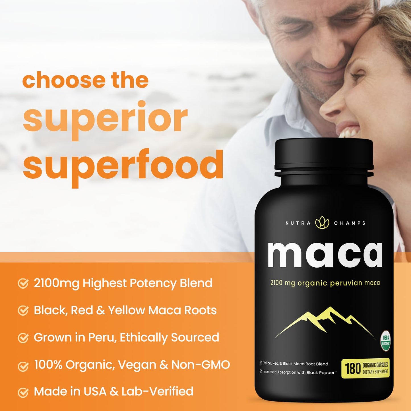 NutraChamps USDA Organic Maca Root Capsules for Women & Men, 2100mg, 180 Capsules, Black, Red & Yellow, Peruvian Maca Peruana, Extra Strength Pure Premium Gelatinized Root Powder Supplement - Vixen Adult Playroom