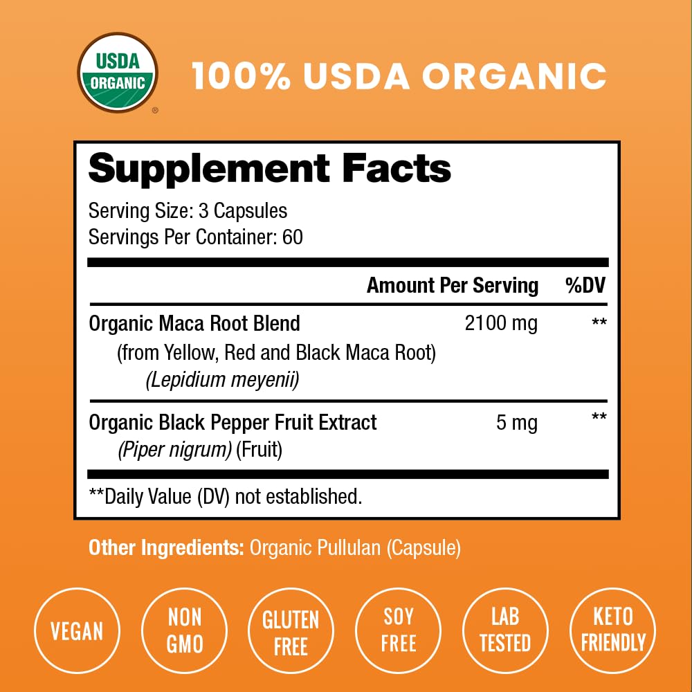 NutraChamps USDA Organic Maca Root Capsules for Women & Men, 2100mg, 180 Capsules, Black, Red & Yellow, Peruvian Maca Peruana, Extra Strength Pure Premium Gelatinized Root Powder Supplement - Vixen Adult Playroom