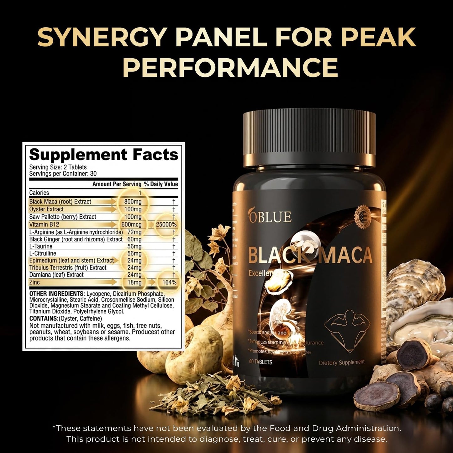 OBLUE Black Maca Excellence Supplement for Men, 800mg Black Maca Root Extract, Oyster, Saw Palmetto, Epimedium, Zinc & B12, Mens Vitality Supplements, Supports Natural Energy, Stamina & Performance - Vixen Adult Playroom