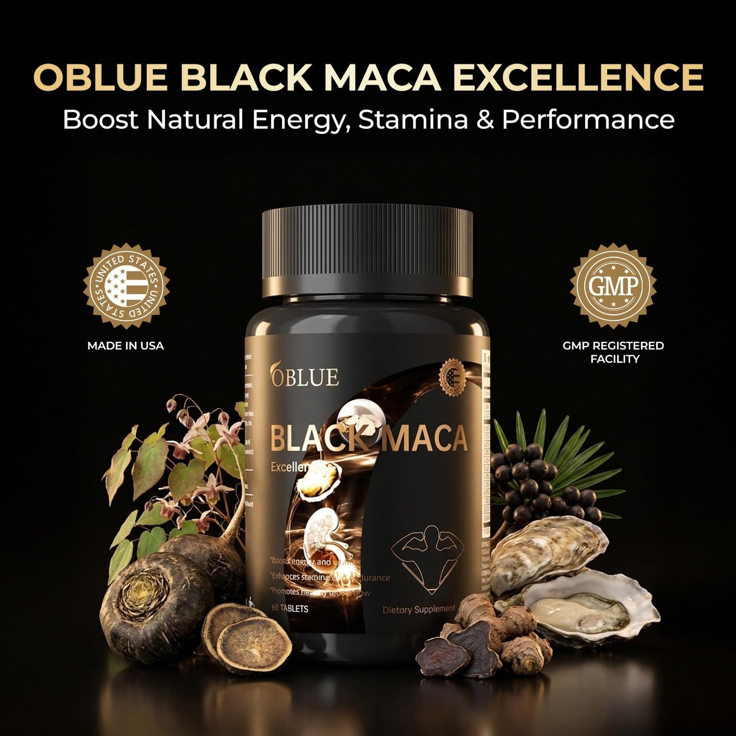 OBLUE Black Maca Excellence Supplement for Men, 800mg Black Maca Root Extract, Oyster, Saw Palmetto, Epimedium, Zinc & B12, Mens Vitality Supplements, Supports Natural Energy, Stamina & Performance - Vixen Adult Playroom