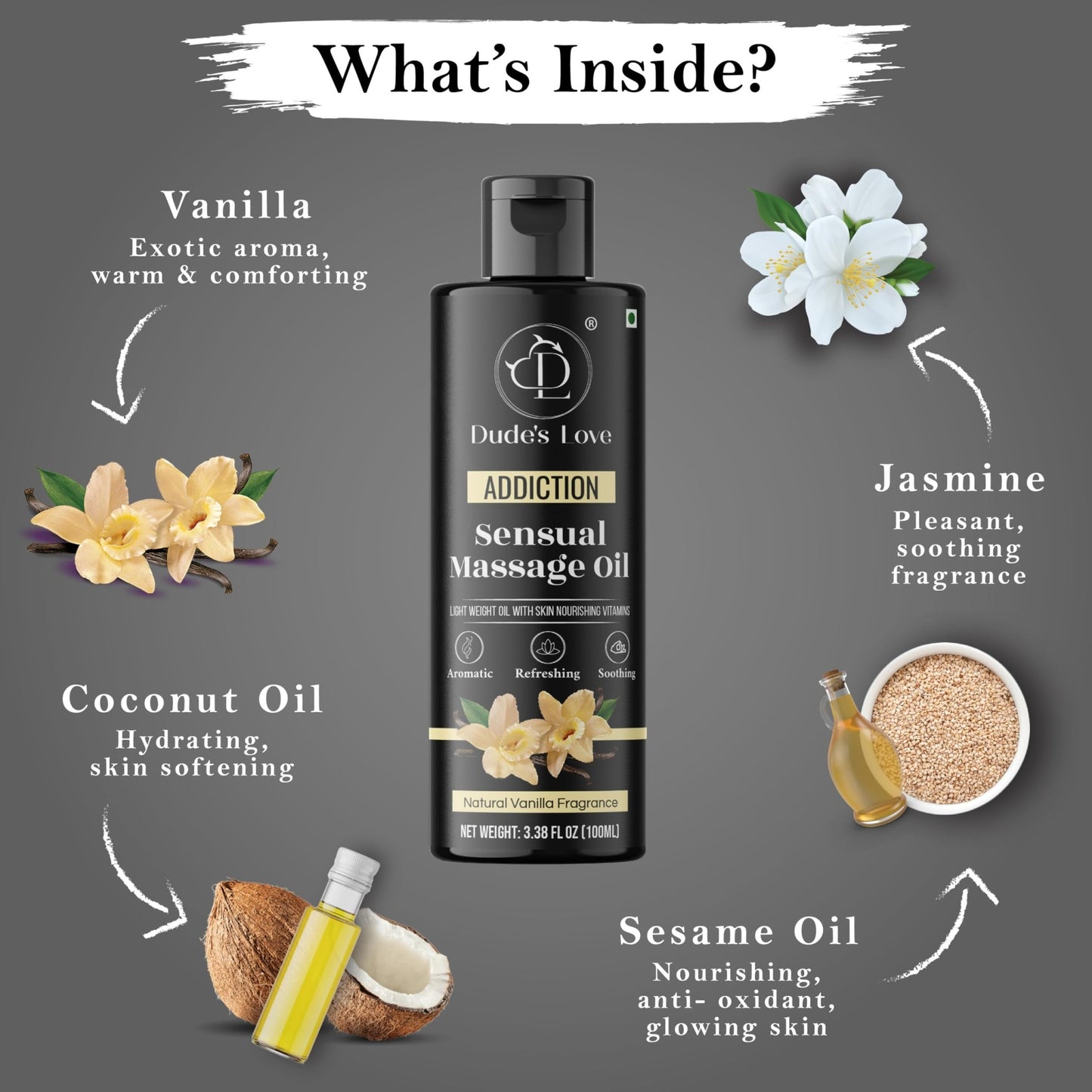 Organic - Sensual Delights - Vanilla Massage Oil - No Stain & Non - Sticky | with Fractionated Coconut Oil, Natural Vanilla & Jasmine | Nourish & Moisturise Skin for Date Night - Vixen | Nova Network