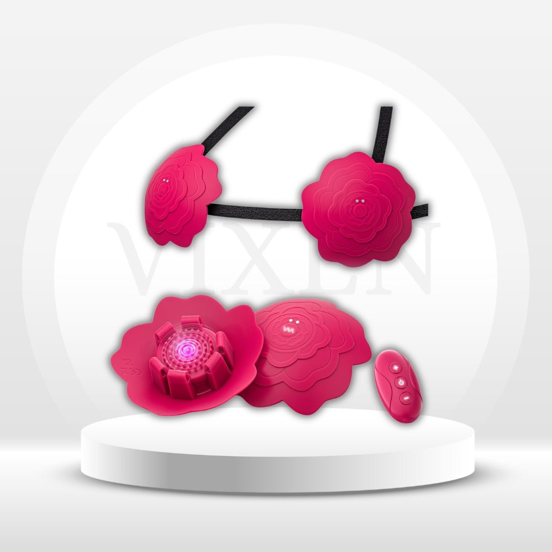 PetalBloom Wearable Rose Nipple Vibrators – Remote, 10 Modes - Vixen Adult Playroom