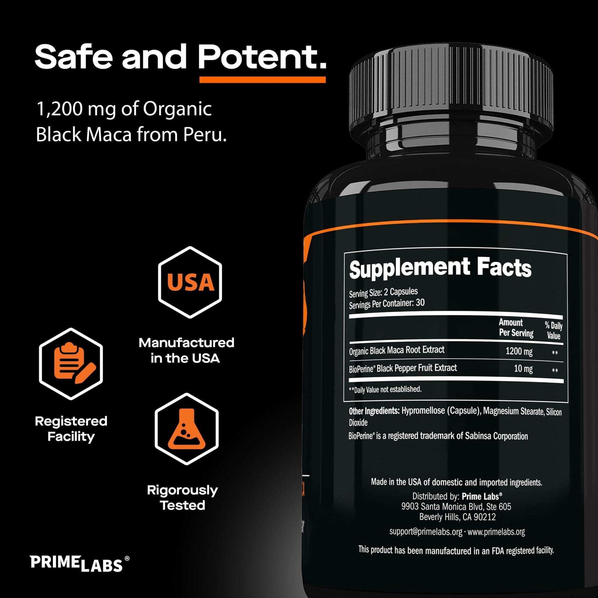Prime Labs Organic Black Maca Root Capsules 1,200mg - Stamina, Drive, Energy, Vitality - Peruvian 20:1 Extract - for Men & Women - 60 Count - Vixen Adult Playroom