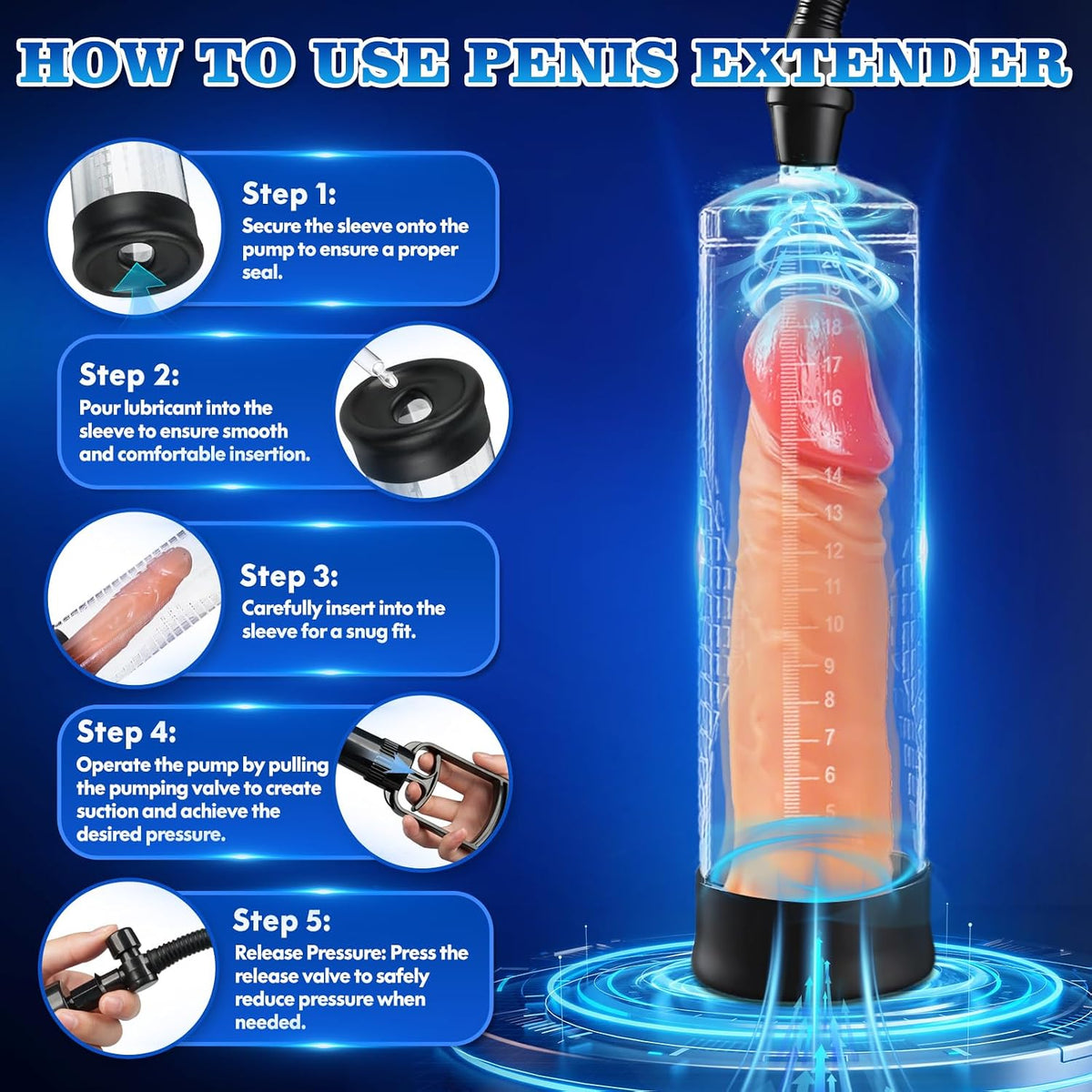 PullMaster Manual Penis Pump Extender | Clear Scale + 2 Sleeves - Vixen Adult Playroom