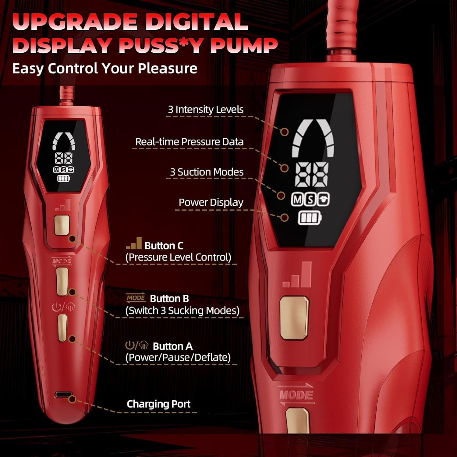 Pussy Pump Women Clit Sucker - BDSM Toys Automatic Clitoral Pump, 3 Suction Modes with 3 Pressure Levels, 3 in 1 Digital Nipple Toys Vagina Pump for Women Sex Toys - Pumps & Enlargers, 5 Cups Included - Vixen | Nova Network