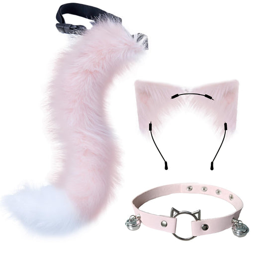QinRuan Cat Ears and Wolf Fox Animal Tail Cosplay Costume Faux Fur Hair Clip Headdress Halloween Leather Neck Chocker Set - Vixen | Nova Network
