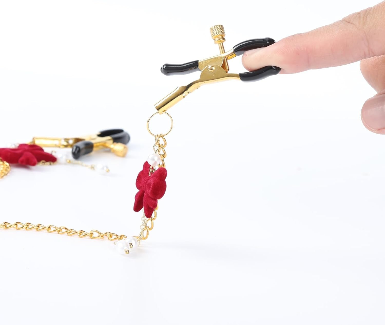 RibbonGrace Red Bow Nipple Clamps with Gold Chain – Non-Piercing - Vixen Adult Playroom