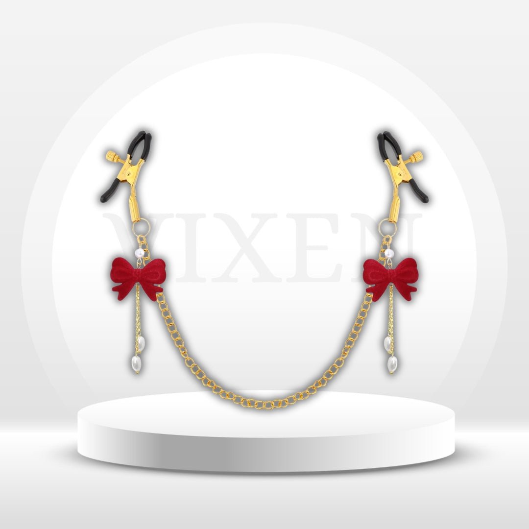 RibbonGrace Red Bow Nipple Clamps with Gold Chain – Non-Piercing - Vixen Adult Playroom