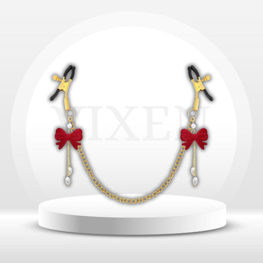 RibbonGrace Red Bow Nipple Clamps with Gold Chain – Non-Piercing - Vixen Adult Playroom