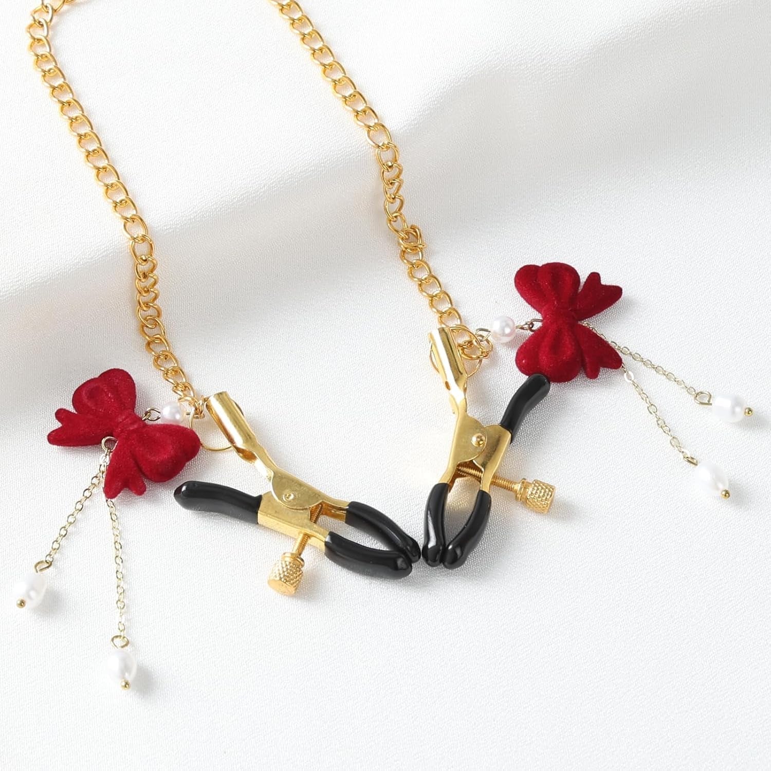 RibbonGrace Red Bow Nipple Clamps with Gold Chain – Non-Piercing - Vixen Adult Playroom
