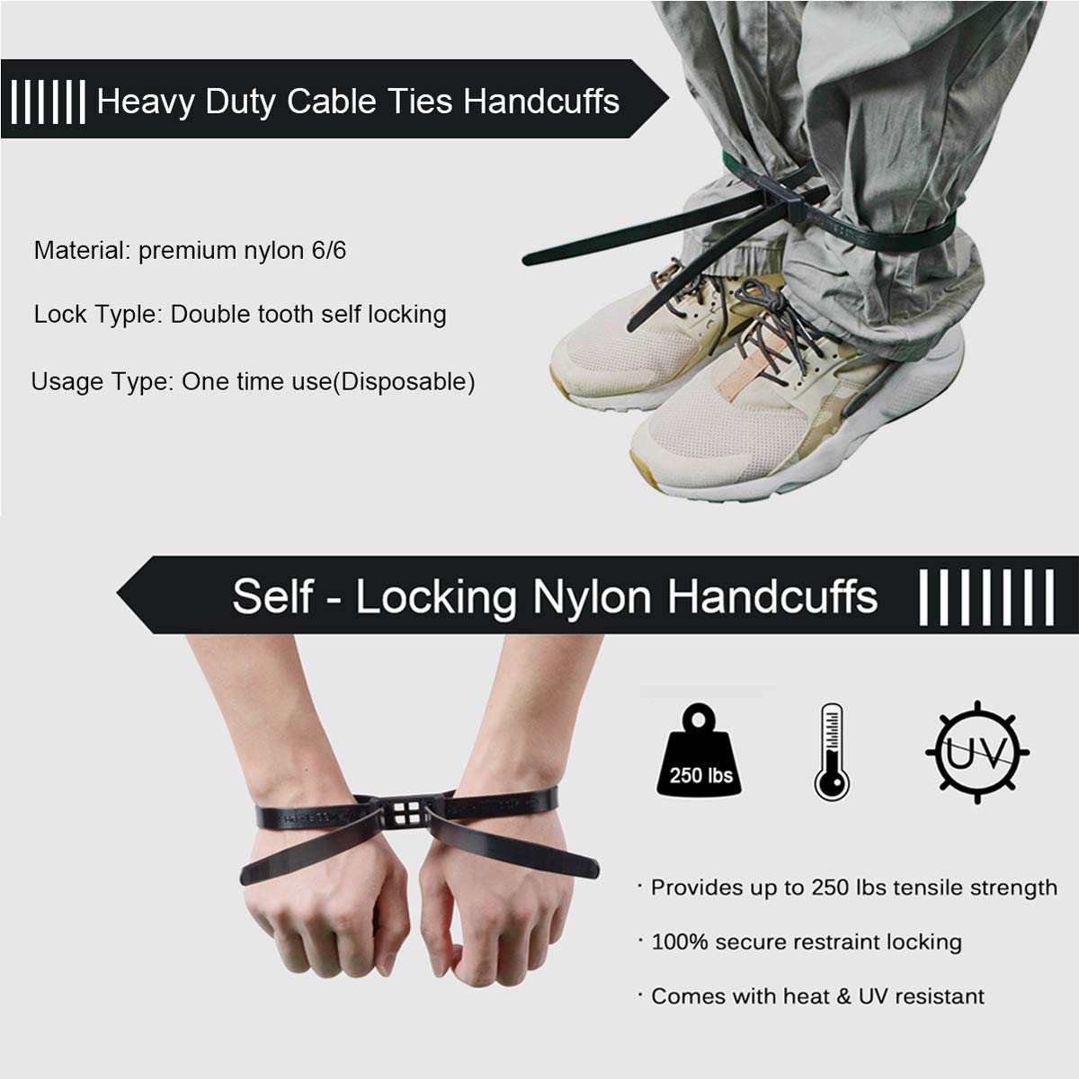 Role Play Black Zip - Tie Restraint Cuffs Set - Vixen | Nova Network