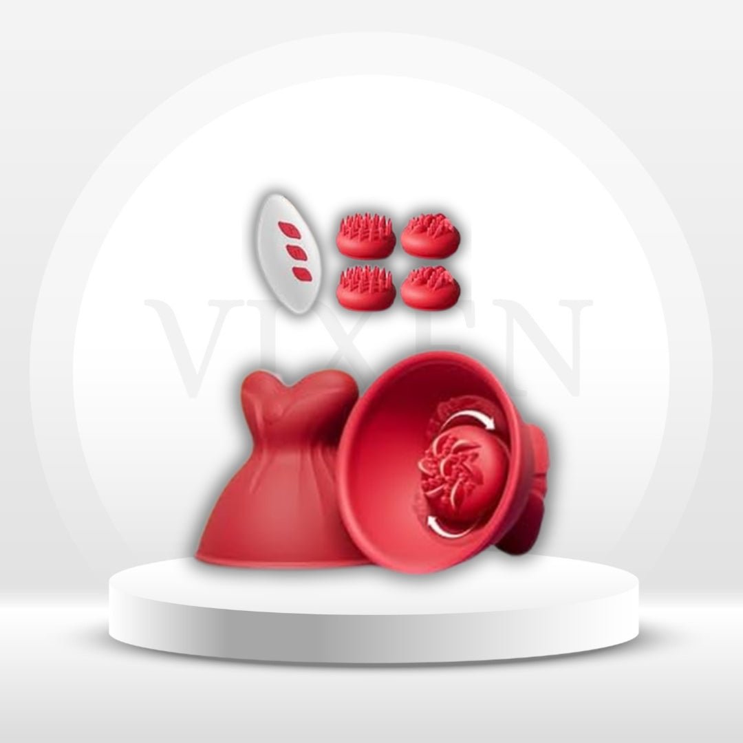 RosebudTease 5-in-1 Nipple Sucker Vibrator – Remote, 7 Rotating Modes - Vixen Adult Playroom