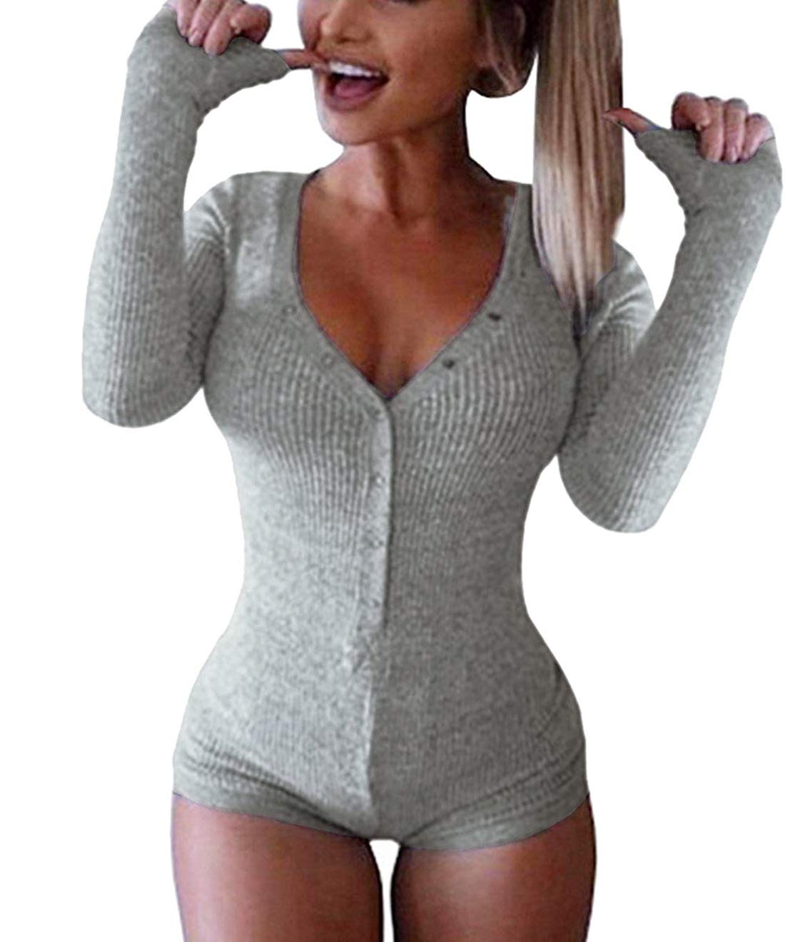 Roselux Women's Sexy Deep V Neck Shorts Long Sleeve Knitted One Piece Bodysuit Bodycon Rompers Overall(Gray,S) - Vixen | Nova Network