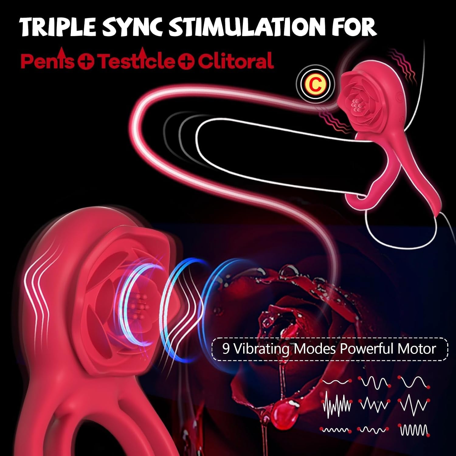 RoseReign App-Control Vibrating Cock Ring with Clit Stimulator - Vixen Adult Playroom