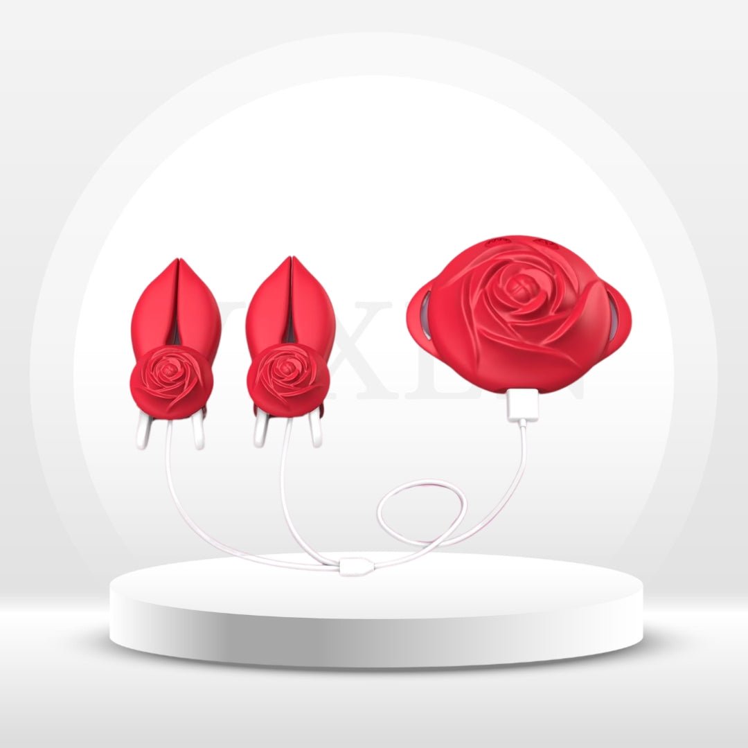 RoseSpark Vibrating Rose Nipple Clamps – 10 Modes with E-Stim - Vixen Adult Playroom