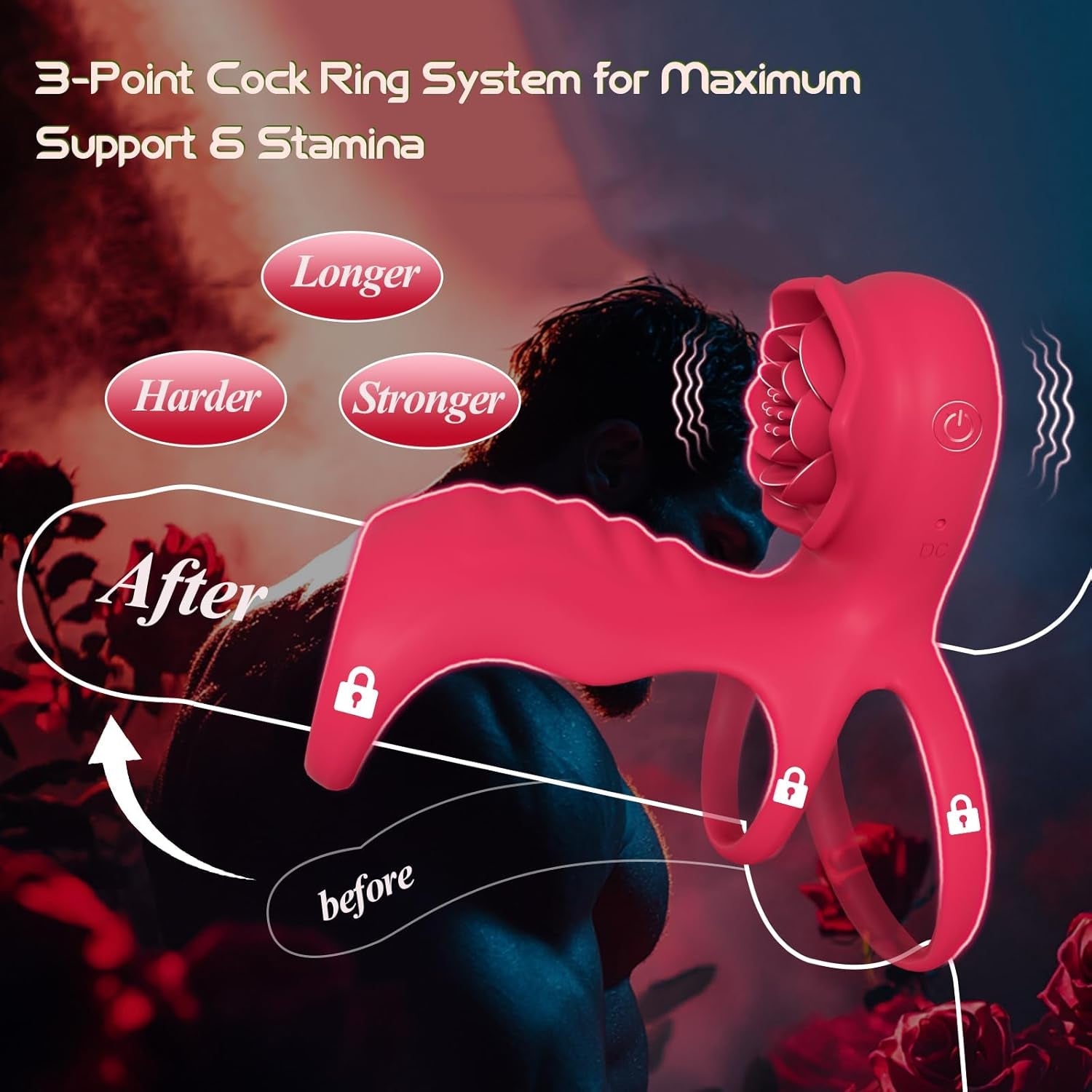 RoseTrinity Cock Ring Clit Stim Girth Sleeve 3-Ring 9 Modes - Vixen | Nova Network