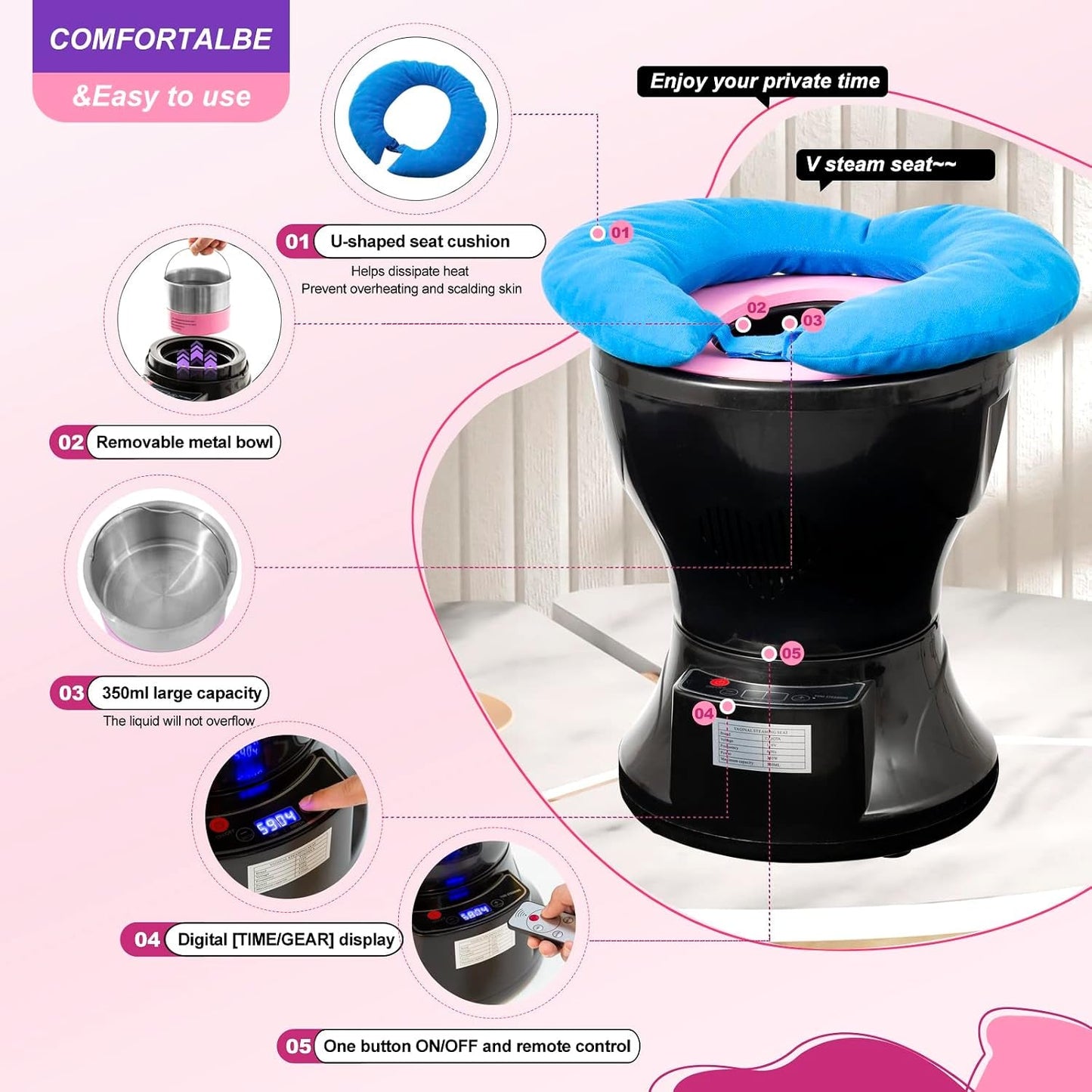 SereneEmber Electric V Steam Seat with Touch & Remote Control - Vixen Adult Playroom