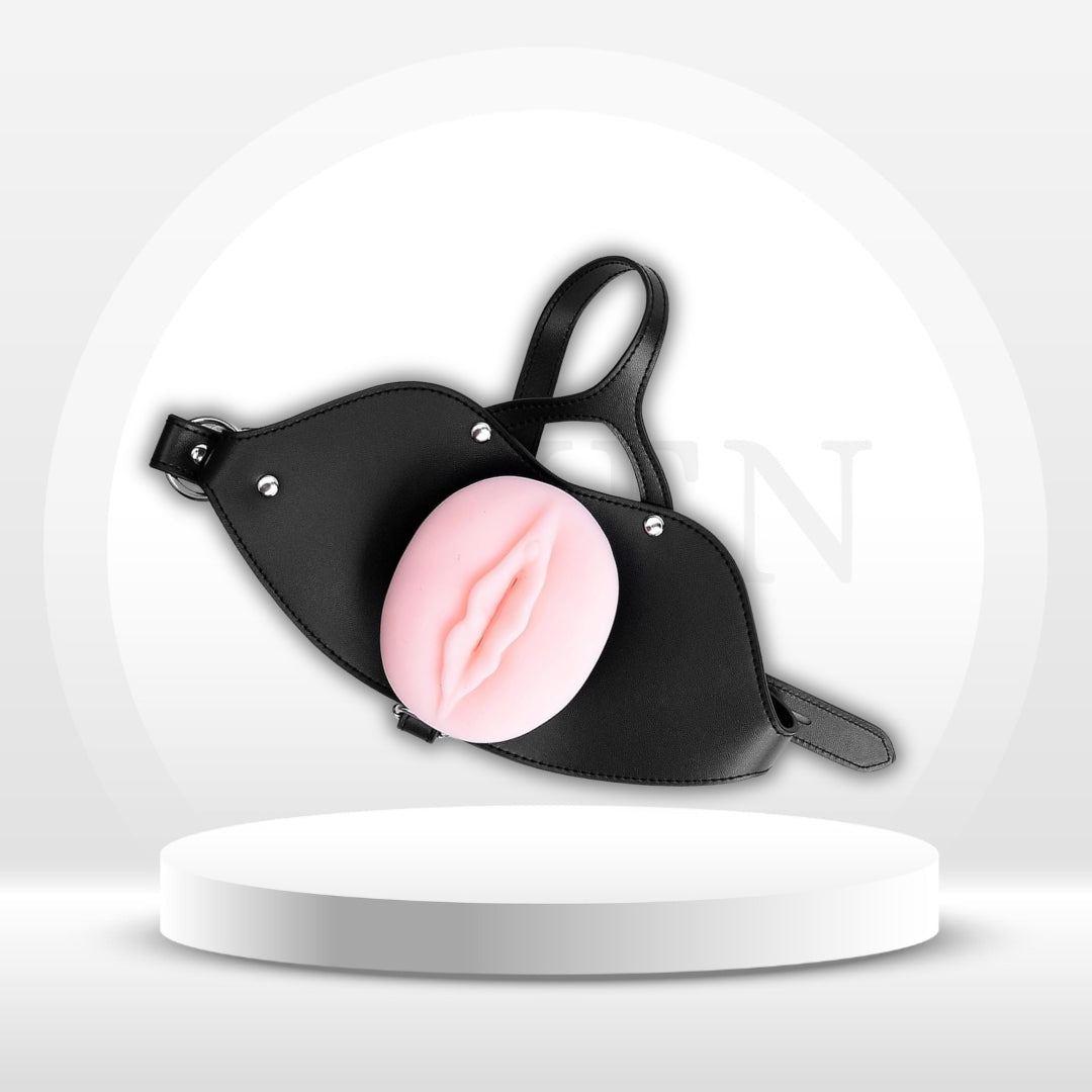 SilkMuzzle Head-Mounted Oral Sex Mouth Gag with Textured Pussy Masturbator - Vixen Adult Playroom