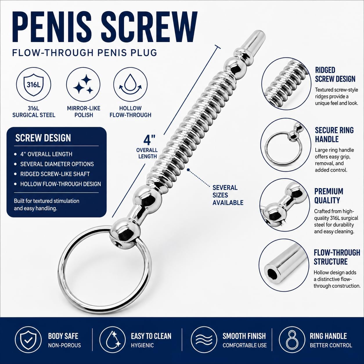 SteelFlow Hollow Ribbed Surgical Steel Urethral Plug - Vixen | Nova Network